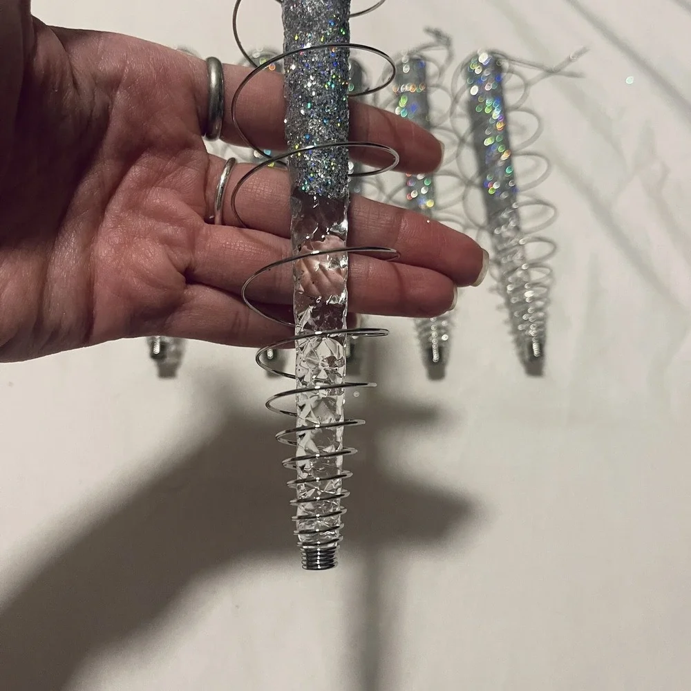Vintage Icicle Wire‎ Wrapped Ornaments Clear Acrylic Twisted Silver Glitter Mcm